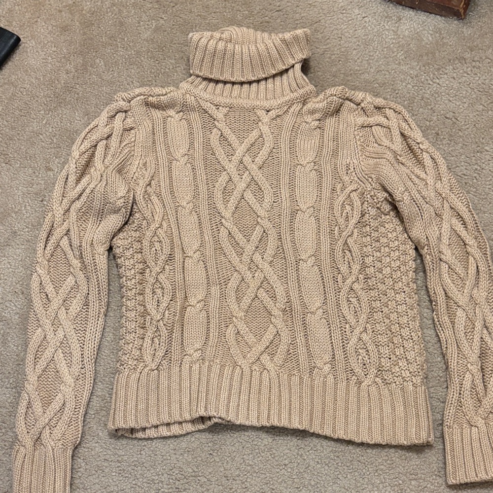 Lands' End Cable Knit Turtleneck Sweater in Light Tan